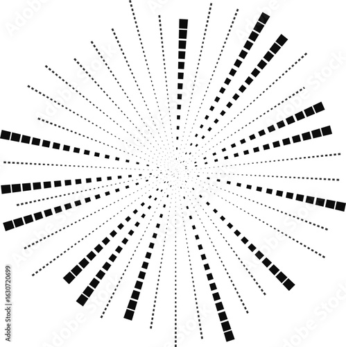 Square rays of varying lengths taper inward toward the center, forming an explosive radial configuration.