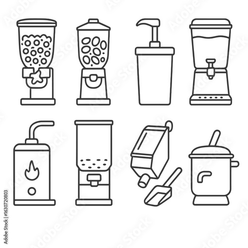 Food Dispenser Icons. Outline style icons of Food Dispensing Appliances: cereal dispenser, nut dispenser, condiment pump, beverage