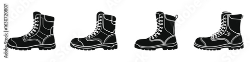 Set of Work Boots Silhouette Icons – Black Vector Safety Footwear, Hiking Boots, Outdoor Shoes, Protective Gear, Isolated Illustration for Construction, Industrial, and Adventure Concepts