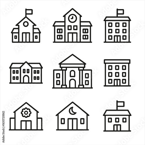 Educational Institution Icons. Outline style icons of Educational Institutions: elementary school, middle school, high school,