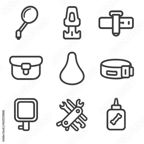 Cycling Accessories Icons. Outline style icons of Accessories for Cycling Glyphs: bike mirror, helmet clip, tire pump strap,
