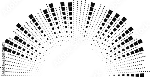 Semi-circular form with big irregular square rays around an open circular space in the center.