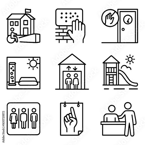 Inclusive School Icons. Outline style icons of Inclusive School Buildings: wheelchair ramp access, braille signage on wall, quiet