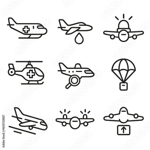 Emergency Aircraft Icons. Outline style icons of Emergency Aircraft: medevac airplane, fire rescue airplane, airplane with siren