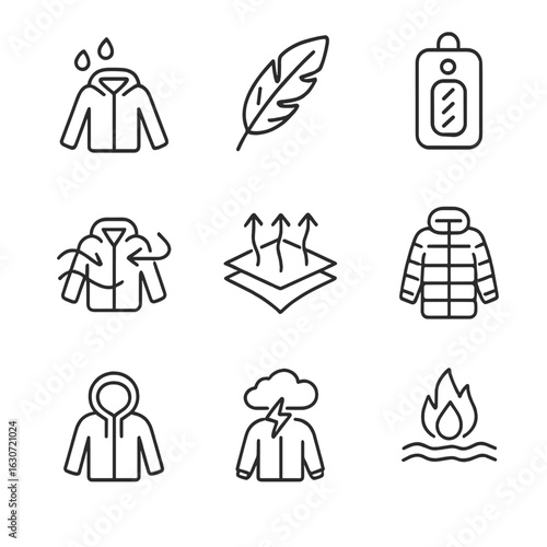 Outerwear Material Icons. Outline style icons of Outerwear Material Labels: waterproof jacket label, down insulation icon, fleece