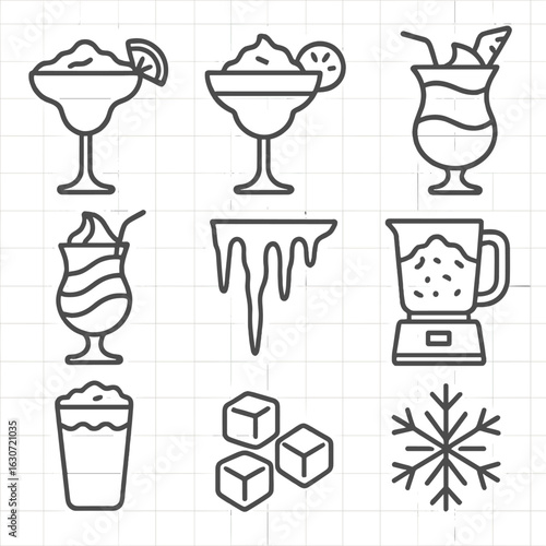 Frozen Cocktail Icons. Outline style icons of Frozen Tropical Cocktails: frozen margarita, frozen daiquiri, piña colada, slushy