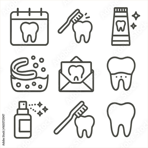 Adult Dental Care Icons. Outline style icons of Adult Dental Care: tooth care planner, morning routine icon, whitening toothpaste,