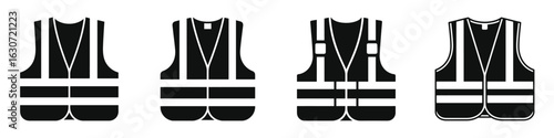 Set of Safety Vest Silhouette Icons – Black Vector Reflective Vest, High Visibility Workwear, Protective Clothing, Isolated Illustration for Construction, Road Safety, Industrial, and Worksite Equipme