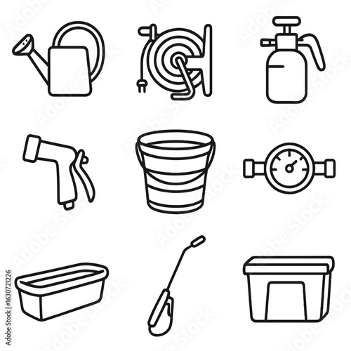 Garden Water Accessory Icons. Outline style icons of Backyard Garden Water Accessories: watering can, garden hose reel, water