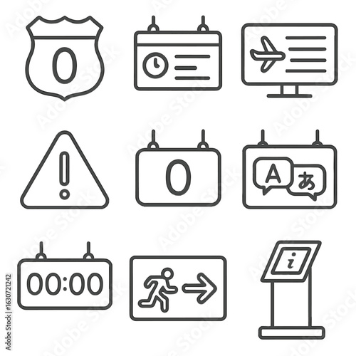 Transportation Icon Outline. Outline style icons of Transportation Signage: route number sign, departure time board, arrival