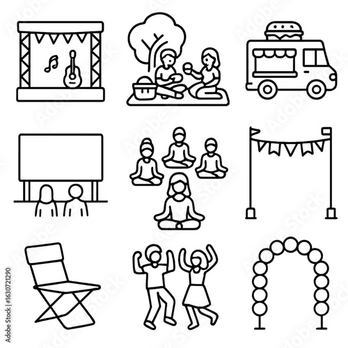 Park Event Icons. Outline style icons of Park Events and Gatherings: live music stage, group picnic, food truck, open-air cinema,