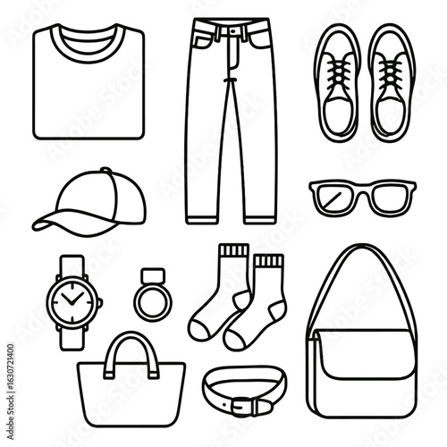 Casual Outfit Outline Icons. Outline style icons of Casual Outfit Flatlay: folded t-shirt, laid-out jeans, shoes side-by-side,