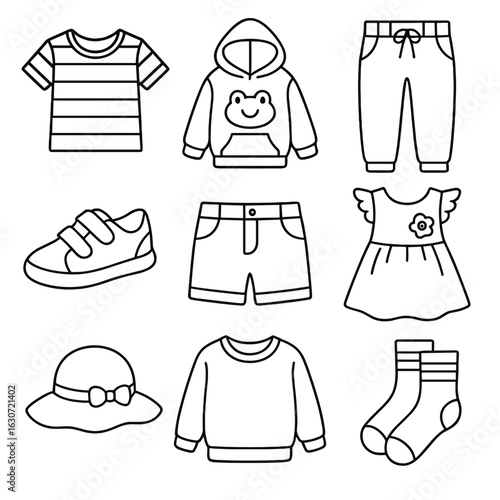 Kids Casual Fashion Icons. Outline style icons of Casual Fashion for Kids: striped tee, cartoon hoodie, elastic jeans, velcro