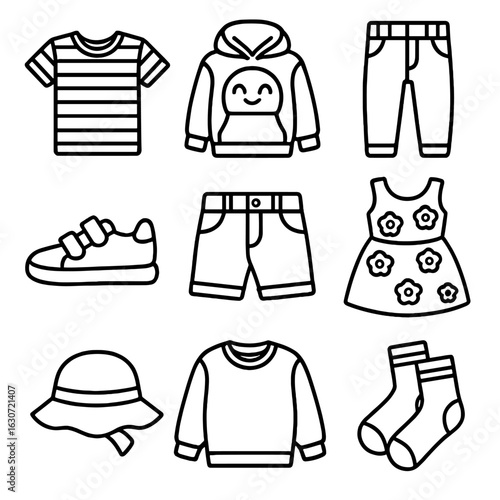 Kids Casual Fashion Icons. Outline style icons of Casual Fashion for Kids: striped tee, cartoon hoodie, elastic jeans, velcro
