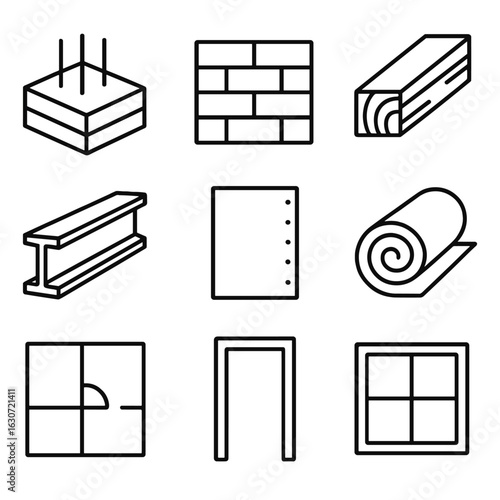 Building Elements Icons. Outline style icons of Building Elements: concrete foundation, brick wall, wooden beam, steel girder,