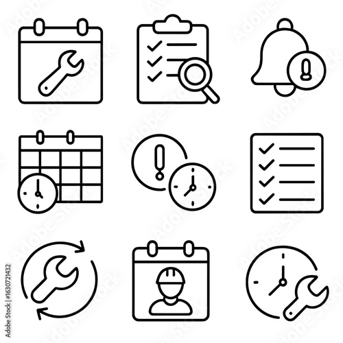 Maintenance Schedule Icons. Outline style icons of Maintenance Schedule: calendar with wrench, inspection checklist, maintenance
