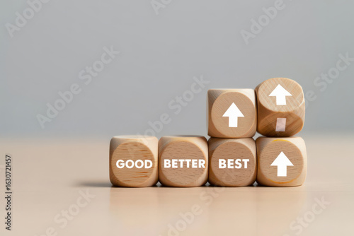 Continuous Improvement Concept Wooden Blocks with Arrows and Words Good Better Best Representing Progress Growth and Striving for Excellence in Business and Life