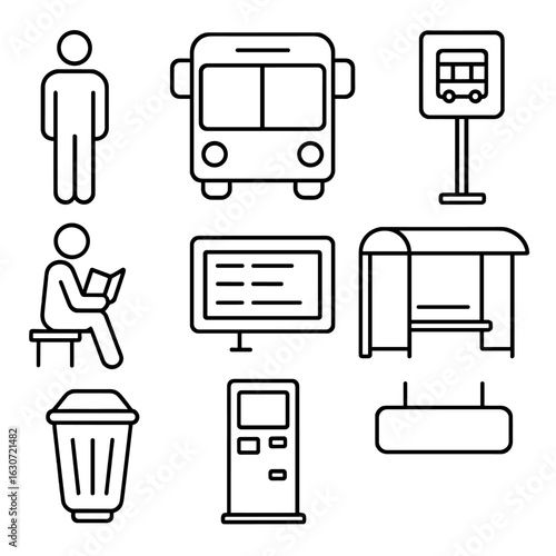 Bus Stop Essentials Icons. Outline style icons of Bus Stop Essentials: standing passenger, bus arriving icon, pole with bus number