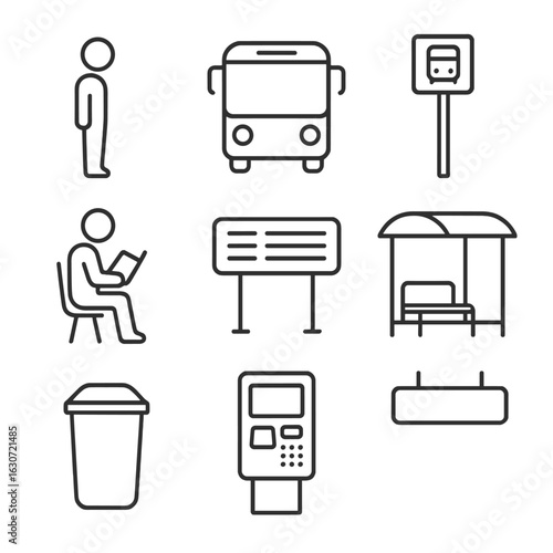 Bus Stop Essentials Icons. Outline style icons of Bus Stop Essentials: standing passenger, bus arriving icon, pole with bus number