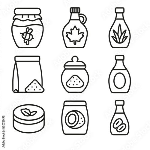 Baking Sweeteners Icons. Outline style icons of Baking Sweeteners: honey jar, maple syrup bottle, agave bottle, brown sugar pouch,