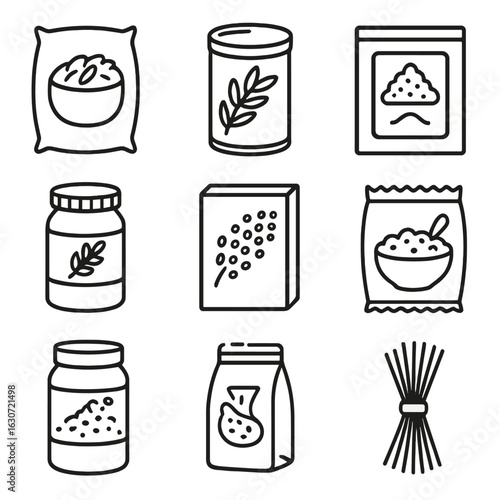 Basic Dry Goods Icons. Outline style icons of Basic Dry Goods: brown rice bag, oatmeal tin, couscous pack, cornmeal sack, barley