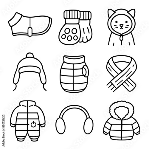 Pet Winterwear Icons. Outline style icons of Pet Winterwear: dog coat, paw booties, cat hoodie, fleece pet hat, waterproof pet