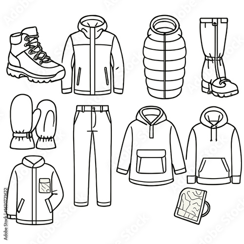 Winter Hiking Gear Icons. Outline style icons of Hiking and Camping Winter Gear: insulated hiking boots, windproof shell jacket,