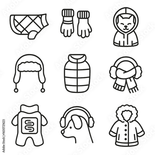 Pet Winterwear Icons. Outline style icons of Pet Winterwear: dog coat, paw booties, cat hoodie, fleece pet hat, waterproof pet
