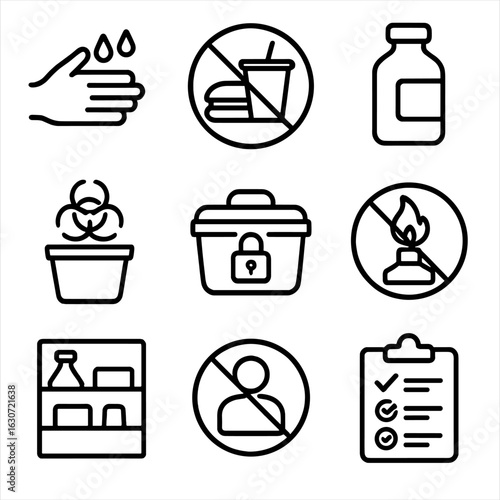 Lab Safety Icons. Outline style icons of Lab Safety Protocols: handwashing icon, no food or drink, proper label icon, waste