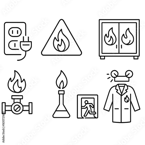 Safety Icons Collection. Outline style icons of Fire and Electrical Safety: unplugged equipment, overcurrent warning icon,