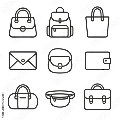 Bag Icon Collection. Outline style icons of Bags and Purses: handbag, backpack, tote bag, clutch, crossbody bag, wallet, duffel