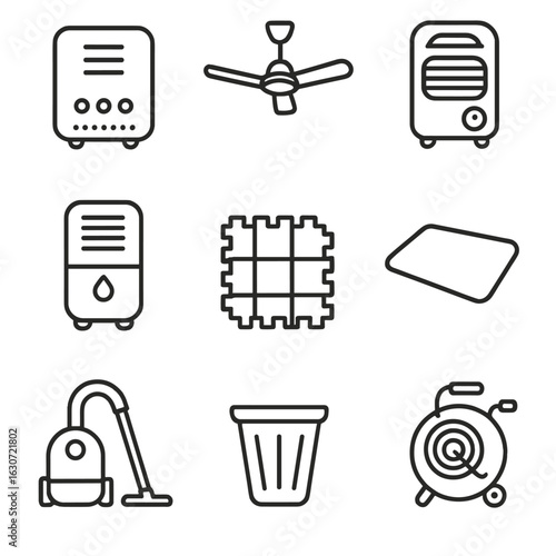 Photography Studio Essentials. Outline style icons of Photography studio: Studio air purifier, ceiling fan, portable heater,