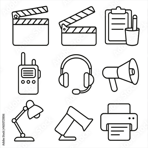 Photography Studio Icons. Outline style icons of Photography studio: Clapperboard slate, scene marker stick, shoot schedule