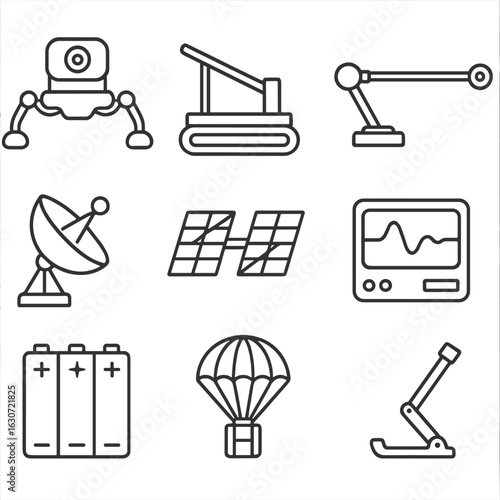 Space Robotics Icons. Outline style icons of Space and robotics: prospecting drone chassis, ground-penetrating radar, magnetometer