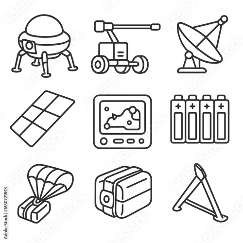 Space Robotics Icons. Outline style icons of Space and robotics: prospecting drone chassis, ground-penetrating radar, magnetometer