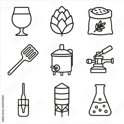 Craft Beer Icons. Outline style icons of Craft beer: tulip tasting glass, green hop pellet, grain sack, mash paddle, lautering tun