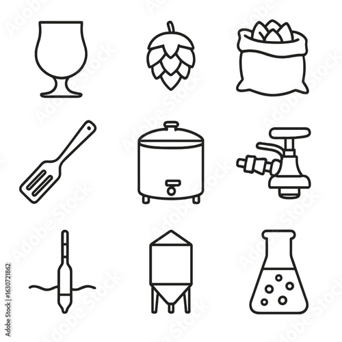Craft Beer Icons. Outline style icons of Craft beer: tulip tasting glass, green hop pellet, grain sack, mash paddle, lautering tun