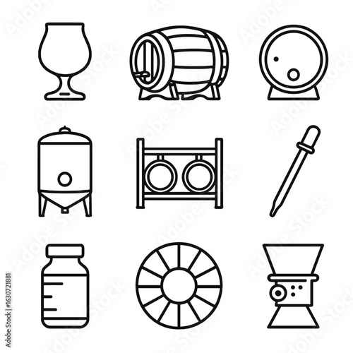Craft Beer Icons. Outline style icons of Craft beer: snifter glass, oak aging barrel, barrel bung, foeder tank, barrel rack stand,