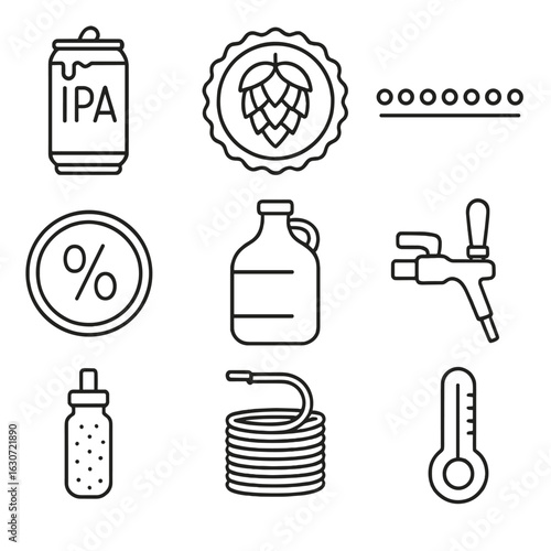 Craft Beer Icon Set. Outline style icons of Craft beer: IPA pint can, double dry hop badge, IBU bitterness scale, ABV percentage