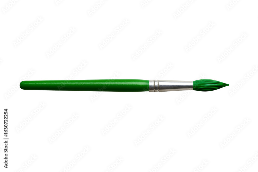 Fototapeta premium Green paintbrush resting horizontally, highlighting artistic potential with clean transparent background, emphasizing creative color application and graphic design elements