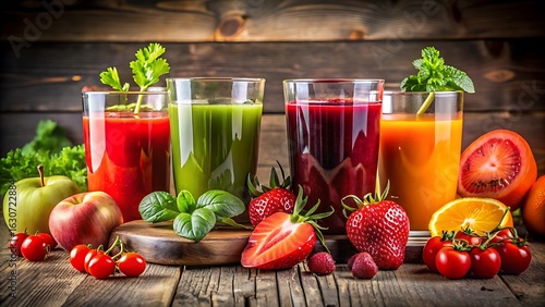 A colorful selection of fresh fruit and vegetable juices in glasses, garnished with mint and surrounded by whole and sliced fruits, suggesting a healthy lifestyle