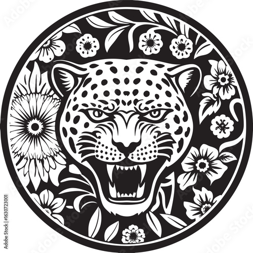 Stylized roaring leopard head illustration within a decorative floral circle.