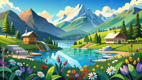 Clear alpine lake reflects Salzburg’s summer skies. Zell am See sparkles below snow-tipped peaks. Wildflowers bloom near winding trails. Wooden chalets nestle peacefully among pine-covered hills and v