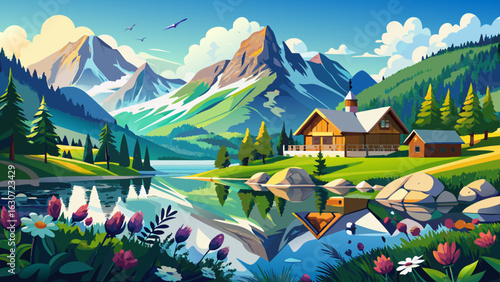 Clear alpine lake reflects Salzburg’s summer skies. Zell am See sparkles below snow-tipped peaks. Wildflowers bloom near winding trails. Wooden chalets nestle peacefully among pine-covered hills and v