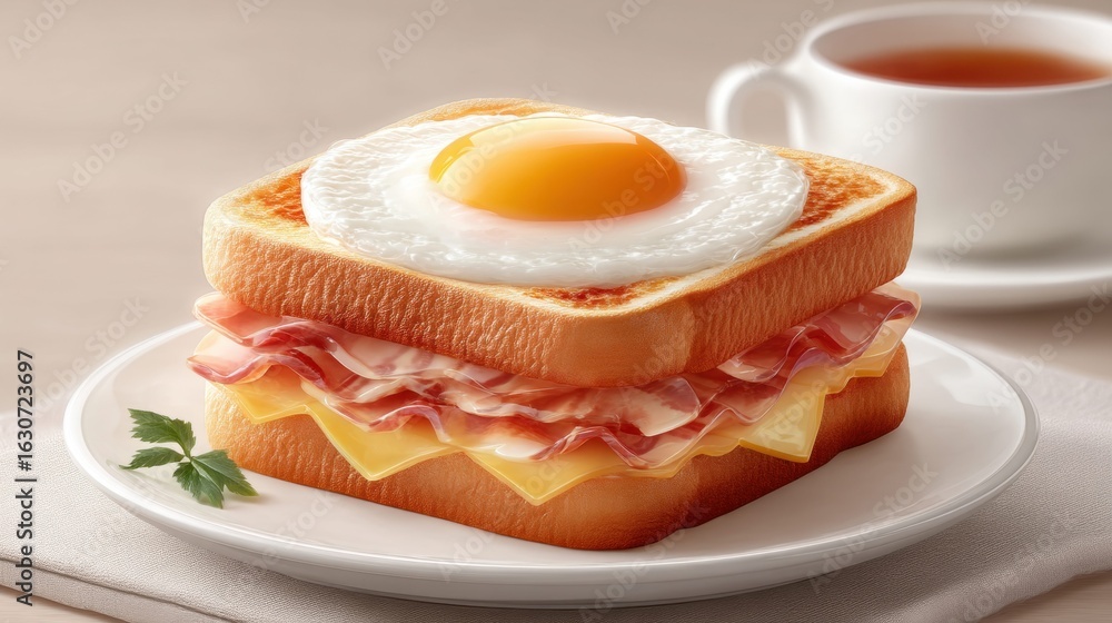 Fototapeta premium This breakfast sandwich features fried egg, ham, and cheese on toasted bread and a cup of tea.