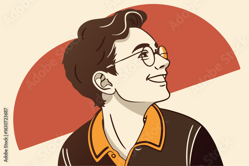 Retro man with glasses smiling looking up with hope and optimism