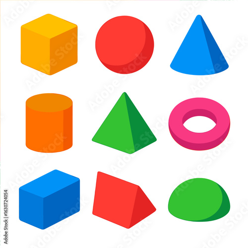 Colorful Geometric Icons. Flat vector icons of 3D geometric forms: cube, sphere, cone, cylinder, pyramid, torus, rectangular prism
