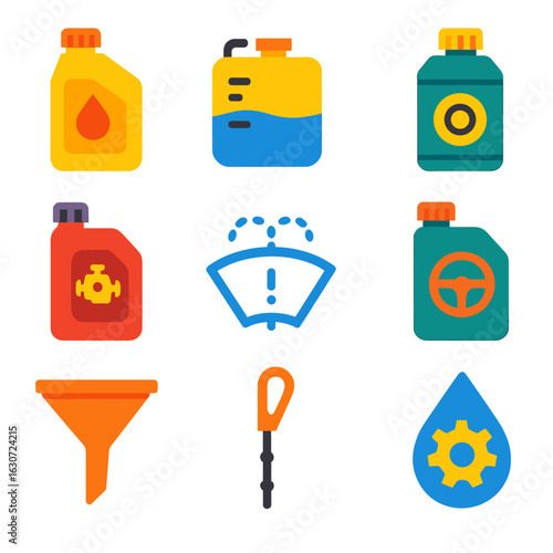 Colorful Fluid Maintenance Icons. Flat vector icons of automotive fluid maintenance: motor oil bottle, coolant reservoir, brake