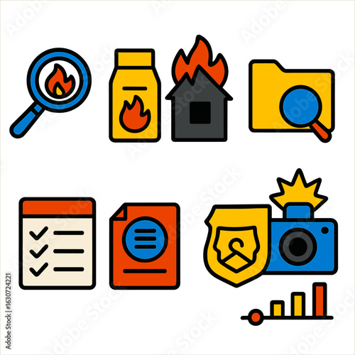 Fire Investigation Icons. Flat vector icons of fire investigation and reporting: magnifying glass on fire, evidence bag icon,