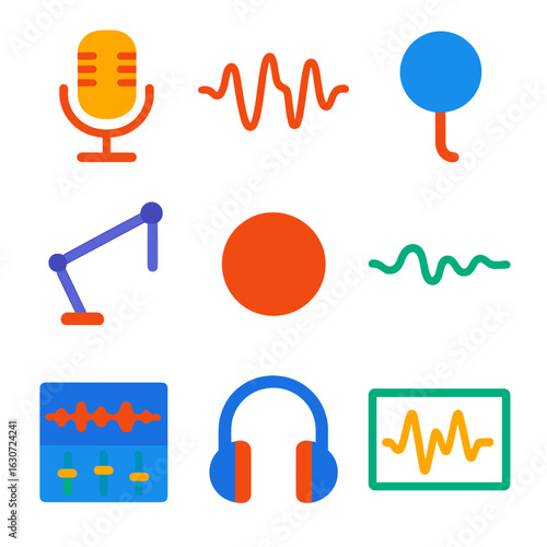 Minimalist Recording Icons. Flat vector icons of minimalist recording tools: studio mic, audio wave shape, pop filter, boom arm,